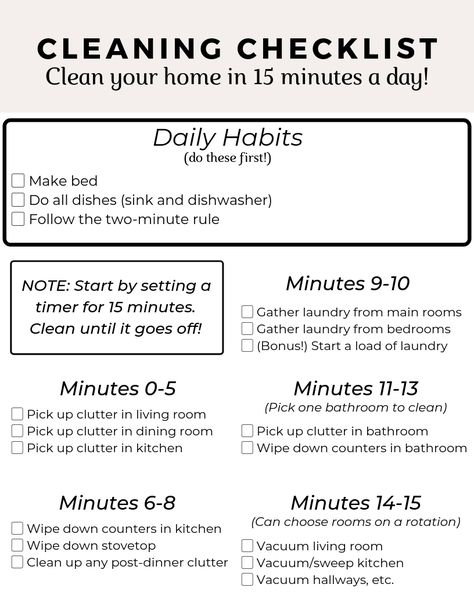 Quick and easy 15-minutes cleaning routine. This checklist will help you keep track of what you need to do each day to keep your home clean! #cleaning #checklist #cleaningchecklist #cleaninghacks Daily Cleaning Routine, House Schedule, Organization Goals, April Activities, Deep Cleaning Checklist, Routine Printable, Household Binder, Clean Cleaning, House Wife