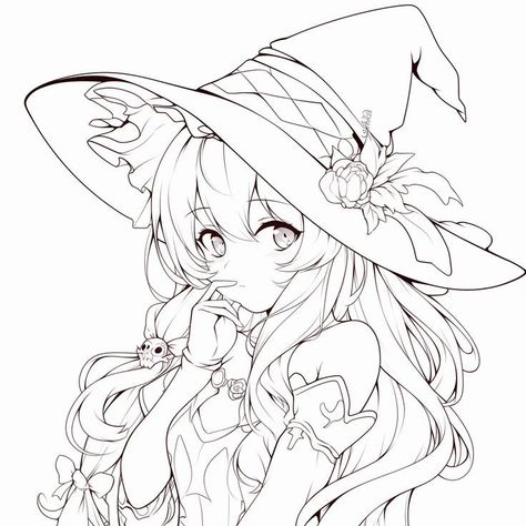 Playful Witch Coloring Pages Witch Anime Drawing, Witch Art Drawing, Cinnamoroll Coloring Pages, Witch Sketch, Anime Study, Elegant Witch, Jazz Colors, Anime Rpg, Kny Base