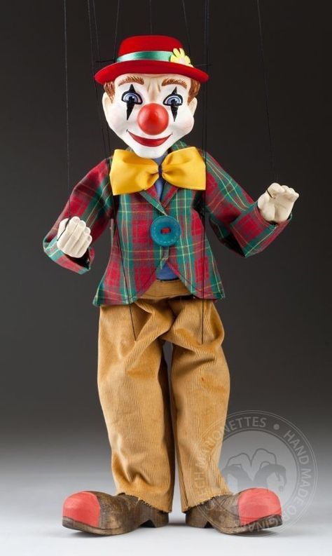 Clown Marionette, Clown Puppet, Czech Marionettes, Slapstick Humor, Ventriloquist Doll, Brown Overalls, Bulbous Nose, Wooden Puppet, The Marionette