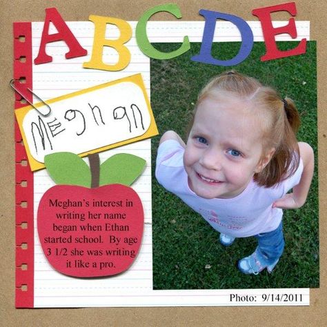 Scrapbook School Ideas, Preschool Scrapbook Ideas, Cricut Lettering, Preschool Scrapbook, School Layout, Write My Name, School Layouts, Scrapbook School, Family Scrapbook Layouts