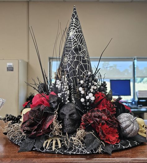 Decorated Witch Hat, Witch Hat Centerpiece, Dollar Tree Witch Hat, Black Witch Hat, Witch Diy, Witches Hat, Halloween Witch Hat, Black Witch, Costume Diy