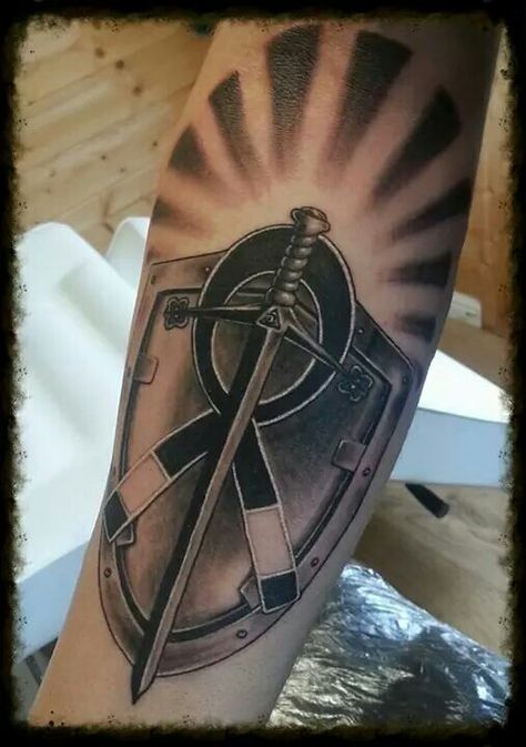 Shield and sword Knight Tattoos, Shield Tattoo, Knight Tattoo, Crusader Knight, Cool Forearm Tattoos, Jesus Tattoo, Tattoo Sleeve Designs, Skull Tattoos, Tattoo Models