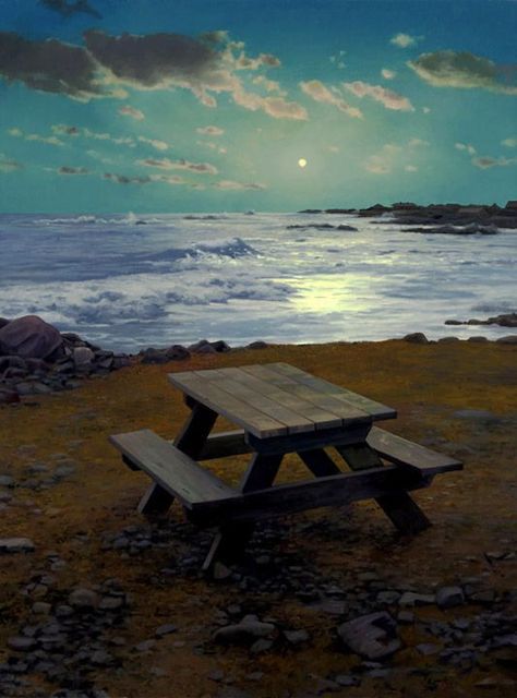 Francisco Ribeiro on Twitter: "**Scott Prior (American, 1949)** “Picnic Table In Moonlight” n.d.… " Scott Prior Paintings, Color Of Night, American Realism, Inspiring Places, Maritime Art, Lake Painting, Colors And Emotions, Look At The Moon, Jesus Wallpaper