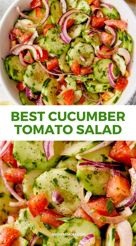 This Cucumber Tomato Salad uses red wine vinegar to get this family favorite just vinegary enough to drench these summer veggies in sheer deliciousness. #cucumbertomatosalad #italiancucumbertomatosalad #vinegarcucumbertomatosalad Cucumber Salad Vinegar, Coleslaw Recipes, Salad Recipes Healthy, Tomato And Onion Salad, Tomato Cucumber Salad, Shrimp Salad Recipes, Recipes Shrimp, Spinach Salad Recipes, Quick Vegan