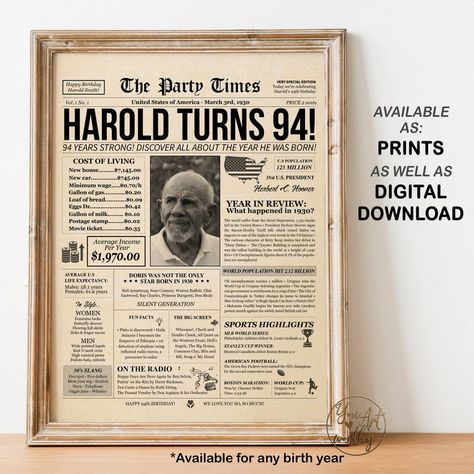 94th Birthday Gift for Her or Him 94 Years Back in 1930 Personalized Birthday Party Decoration Sign Idea PRINTABLE or WE PRINT for You - Etsy 94th Birthday, 95th Birthday, 72 Birthday, Newspaper Poster, Birthday Look, 95 Birthday, 42nd Birthday, 85th Birthday, Frame Poster