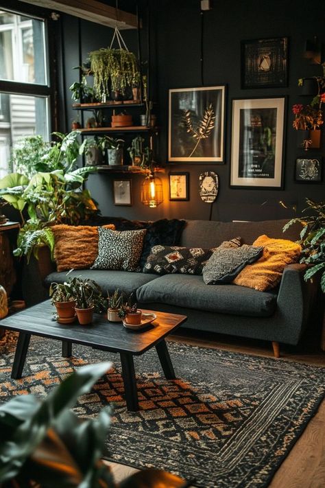 Brown And Green Boho Living Room, Charcoal Green Living Room, Jungle Room Decor Bohemian, Dark Colored Living Room Walls, Moody Cosy Living Room, Dark Cozy Home Decor, Dark Retro Living Room, Jungle Boho Living Room, Fairy Cottage Living Room