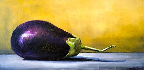 Eggplant on Gold by christina dowdy Acrylic ~ 10" x 20" Plant Still Life, Food Art Painting, Vegetable Painting, Egg Plant, Fruits Drawing, Abstract Art Inspiration, Still Life Oil Painting, Fruit Painting, Still Life Drawing