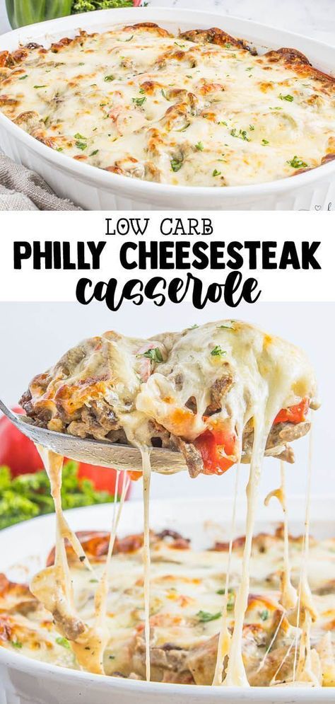 Easy Philly Cheesesteak Casserole is a delicious, easy, low-carb meal that’s made in no time! It’s an easy dinner idea and the ultimate comfort food for any occasion. Sliced steak, peppers, mushrooms, and onions are cooked in the same skillet with cream cheese and then topped with melty provolone! Make it for lunch or dinner today. Philly Cheesesteak Casserole, Best Philly Cheesesteak, Steak Peppers, Cheesesteak Casserole, Philly Cheese Steak Casserole, Mushrooms And Onions, Sliced Steak, Philly Cheesesteak, Philly Cheese Steak