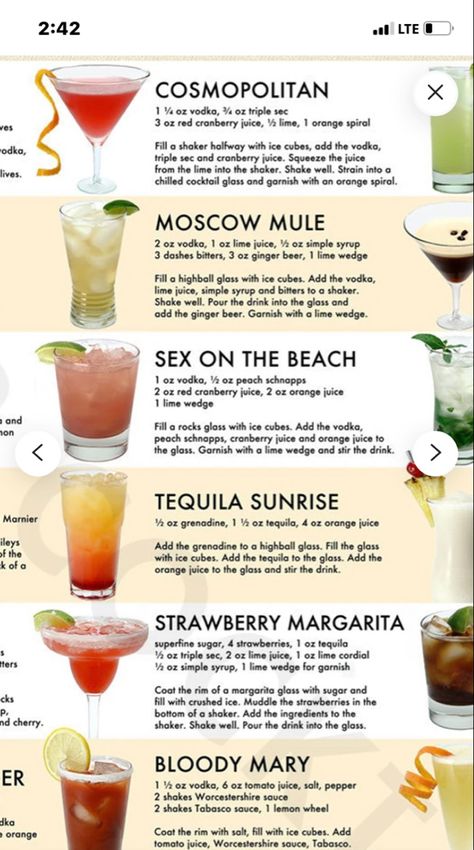 Resep Koktail, Bartender Drinks Recipes, Fun Drinks Alcohol, Bartender Drinks, Alcholic Drinks, Types Of Cocktails, Cocktail Drinks Alcoholic, Classic Cocktail Recipes, Mixed Drinks Alcohol