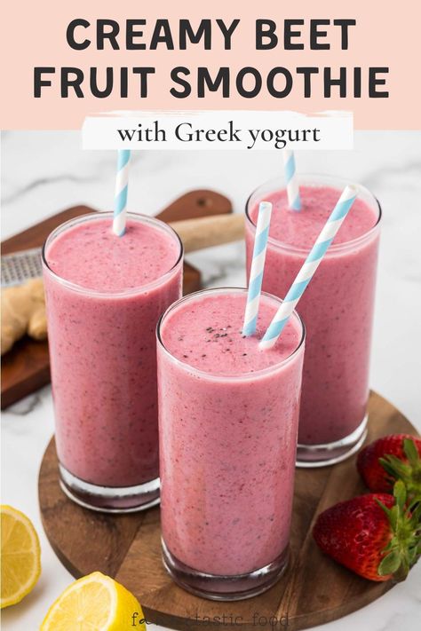 This creamy strawberry beet smoothie recipe is packed with protein, bright flavors, and nutrients for a quick breakfast you'll want to dive right into! You only need 5 minutes to make this hidden veggie fruit smoothie with Greek yogurt. Beet Protein Smoothie, Flavored Green Tea Recipes, Beet Smoothie Recipes Healthy, Smoothies With Beets, Hidden Veggie Smoothie, Beet Smoothie Recipes, Smoothie Vegetable, Beets Smoothie, Fruit And Veggie Smoothies