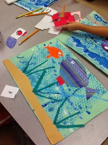 Kindergarten students always begin the year with the elements of art and this project focuses on line and shape. They started by painting di... Kindergarten Art Lessons, First Grade Art, Elementary School Art, 1st Grade Art, Kindergarten Art Projects, Underwater Scene, Elementary Art Projects, Art Camp, Art Lesson Ideas