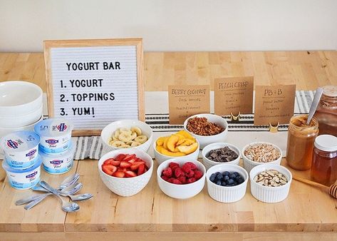 Breakfast Yogurt Bar Ideas, Brunch Yogurt Bar, Bachelorette Breakfast Bar, Breakfast Yogurt Bar, Yogurt Buffet Bar Ideas, Yoga Brunch Party, Yogurt Bar Ideas Brunch Party, Parfait Bar Brunch Party, Yogurt Breakfast Bar