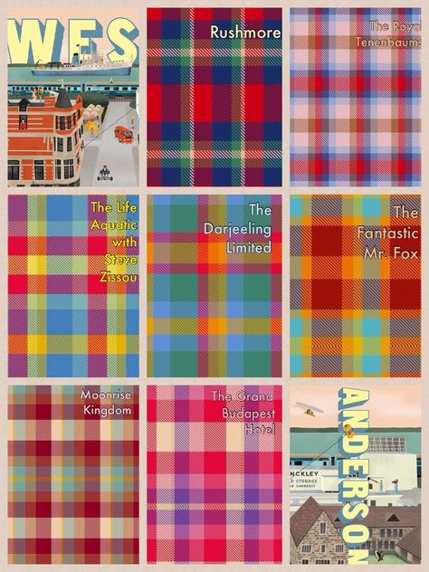 Wes anderson plaids. Based on color schemes of Rushmore, the Royal Tenenbaums, the Life Aquatic with Steve Zissou, The Darjeeling Limited, The Fantastic Fox, Moonrise Kingdom, and The Grand Budapest Hotel. Wes Anderson Pattern, Wes Anderson Aesthetic Graphic Design, Moonrise Kingdom Color Palette, Wes Anderson Color Palette Grand Budapest Hotel, Wes Anderson Landscape, Hotel Chevalier Wes Anderson, Wes Anderson Movies Posters, Wes Anderson The Darjeeling Limited, Wes Anderson Color Palette