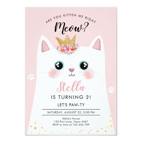 Baby Q Invitations, Cat Birthday Invitations, Cat Invitations, Cat Themed Birthday Party, Kitten Party, Glitter Birthday Parties, Kitten Birthday, Pink Crown, Cat Birthday Party