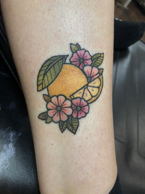 Simple Flower Tattoo Color, Lemon Drop Tattoo, American Traditional Fruit Tattoo, American Traditional Fruit, Lime Tatoos, Simple Fruit Tattoo, Traditional Lemon Tattoo, Orange Tattoo Black And White, Traditional Fruit Tattoo