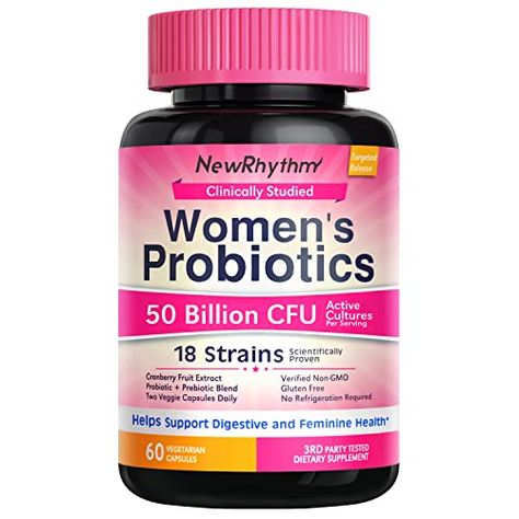 NewRhythm Women's Probiotics, Organic Cranberry for Feminine Health, 50 Billion CFU 18 Strains, Probiotics with Prebiotics, No Refrigeration Needed, 60 Vegan Capsules Probiotics For Women, Probiotics And Prebiotics, Health Women, Cranberry Extract, Digestive Supplements, Herbal Elixir, Cranberry Fruit, Urinary Health, No Dairy