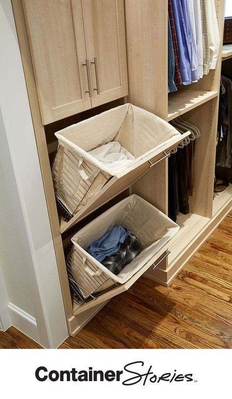 Dual conceal hampers make sorting laundry automatic! See what else makes this Laren Closet something special! Laundry Closet Ideas, Sorting Laundry, Laundry Closet Organization, Master Closet Organization, Small Laundry Room Organization, Room Storage Diy, Organized Closet, Home Restoration, No Closet Solutions