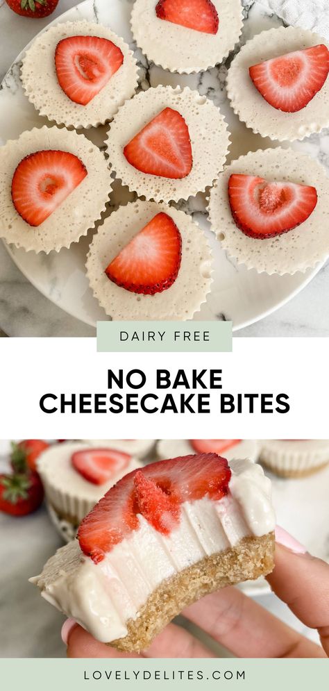 No bake cheesecake bites are a delicious dairy free dessert to make this summer. This easy mini cheesecake recipe is made with simple and wholesome ingredients and is sure to be loved by the entire family. Easy Dairy Free Cheesecake, Dairy Free Mini Cheesecake, Dairy Free No Bake Cheesecake, Dairy Free Cheesecake Bites, No Bake Cheesecake Bites, Easy Mini Cheesecake Recipe, Mini Cheesecakes Easy, Dairy Free Cheesecake, Mini Cheesecake Recipes