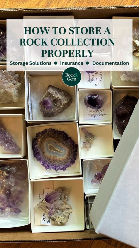 Rock collections can have valuable pieces and sentimental favorites. Here’s how to properly store what you’ve got and make sure your best pieces are correctly insured. How To Display Rocks And Crystals, Mineral Collection Display, Rock Collection Storage, Crystal Collection Display, Rock Collection Display, Rock Identification, Collection Storage, How To Store, Mineral Collection