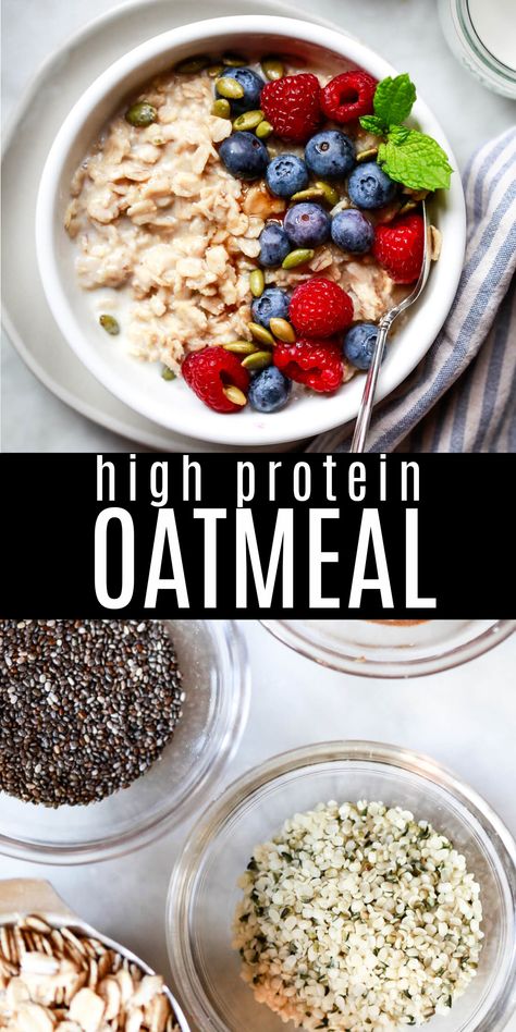 A bowl of oatmeal topped with blueberries, raspberries, and pepitas with small bowls of chia and hemps seeds below. Autoimmune Breakfast, High Protein Oatmeal, Egg White Oatmeal, Bypass Recipes, Steel Cut Oats Recipe, Healthy Oatmeal Recipes, Protein Oatmeal, Quaker Oats, Thrifty Thursday