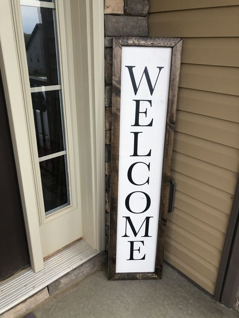 DIY welcome sign Porch Welcome Sign Diy, Diy Sunflowers, Sherwin Williams Stain, Diy Welcome Sign, Welcome Sign Diy, Front Porch Welcome Sign, Welcome Stencil, Welcome Signs Front Door, Trim Board