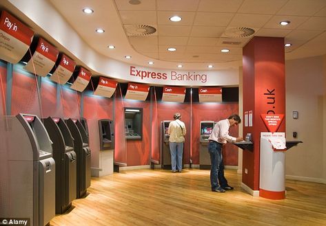 People using the automated self service machines that have been installed inside a branch ... Bank Interior Design, Banks Design, Bank Interior, Atm Machine, Romantic Poetry Quotes, Bank Teller, Bank Branch, Most Hated, Bank Design