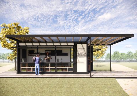 20ft shipping container to be developed into a seasonal café for Priory Farms Discovery Walk through beautiful Surrey countryside. Outside Tables, 20ft Shipping Container, Box Hedging, Timber Pergola, Container Cafe, Container Bar, Natural Colours, Retail Display, Shipping Container