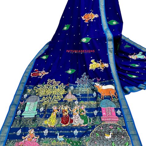 This handloom cotton saree showcases the timeless art of Pattachitra painting on its pallu, depicting the divine love of Radha Krishna. The exquisite motifs of the painting are beautifully complemented by intricate designs adorning the saree's border. Crafted with care, this saree comes with a matching blouse fabric, completing the ensemble. Embrace the grace and artistic allure of this traditional handloom cotton saree, a true masterpiece of craftsmanship. Radha Krishna Painting On Fabric, Krishna Painting On Fabric, Love Of Radha Krishna, Radha Krishna Painting, Painting On Fabric, Handloom Cotton Saree, Designer Bridal Lehenga, Divine Love, Saree Border