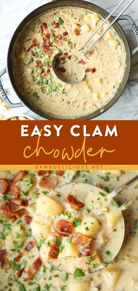 EASY CLAM CHOWDER, family dinner ideas for tonight, comfort food Cheesy Seafood Chowder, Healthier Clam Chowder, Taste Of Home Clam Chowder Recipe, Chunky Clam Chowder Recipe, Chowder Recipes Chicken, Clams Chowder Recipe, Earl's Clam Chowder, Heavy Cream Soup Recipes, Home Made Clam Chowder