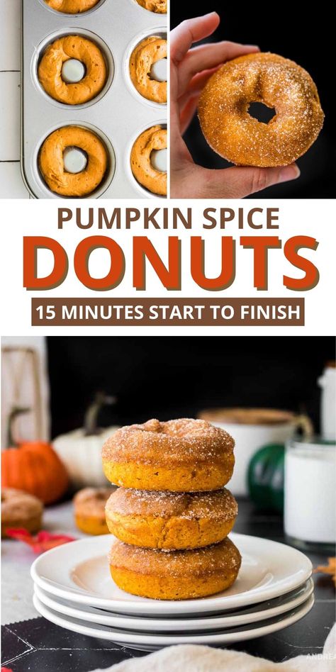 These delicious pumpkin spice donuts are the perfect fall dessert. Baked in just 15 minutes from start to finish, you will not be disappointed by this homemade donut recipe. Made with cake mix and baked in a donut pan, this easy donut recipe is a winner. Baked Pumpkin Spice Donut Recipe, Pumpkin Cake Donut Recipe, Donuts In The Oven, Pumpkin Spice Doughnuts, Pumpkin Donuts Recipe, Gluten Free Pumpkin Spice, Mini Donuts Maker, Cake Donuts Recipe, Recipes Using Cake Mix