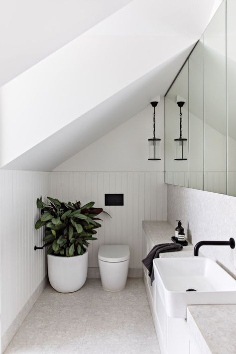 White Bathroom With Black Fixtures, Bathroom With Black Fixtures, Bathroom Terrazzo, Colourful Bathroom, Contemporary Powder Room, Black Fixtures, Attic Bathroom, Powder Room Design, Powder Rooms