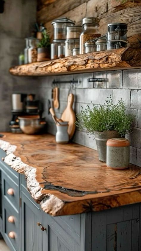 Working Farm Kitchen, Cottage Industrial Style, Nature Themed Kitchen, Rustic Kitchen Colors, Country Kitchen Diy, Live Edge Counter, Modern Rustic Kitchen, Rustic Country Kitchen, Rustic Kitchens