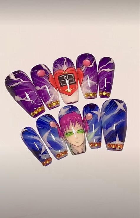 Saiki K Nails, Saiki Pfp, K Nails, Anime Nail, Saiki K, Anime Nails, Long Nail Designs, Cool Makeup Looks, Long Nail