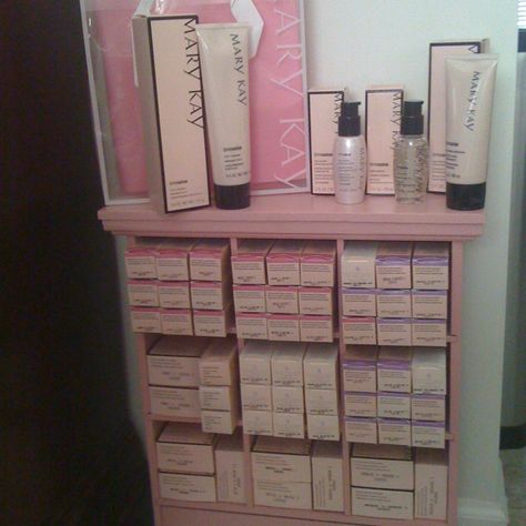 My new cubby with my foundations.  As a Mary Kay beauty consultant I can help you, please let me know what you would like or need. https://www.facebook.com/robynmkbeauty Mary Kay Office Organization, Mary Kay Organization, Mary Kay Display, Mary Kay Open House, May Kay, Mary Kay Office, Mary Kay Inspiration, Mary Kay Holiday, Mary Kay Gifts