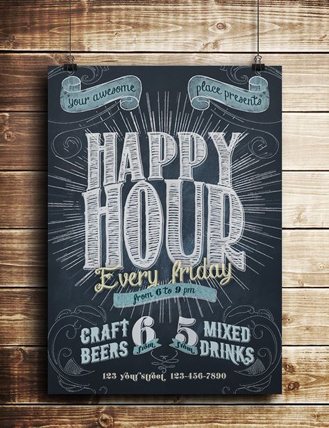 Happy Hour Chalkboard Indie Flyer on Behance Happy Hour Chalkboard, Bar Chalkboard Ideas, Papan Menu, Chalkboard Typography, Bar Stuff, Blackboard Art, Chalk Sign, Chalkboard Lettering, Chalk Lettering