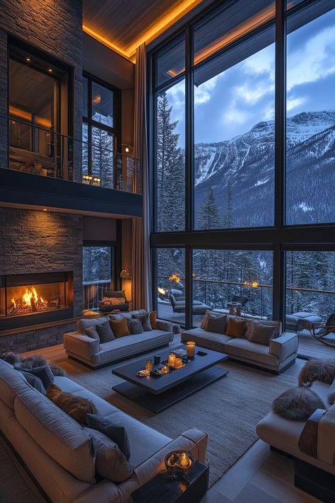 🌲✨ Discover the ultimate cozy retreat! This modern mansion, nestled in the mountains, boasts stunning large glass windows that frame breathtaking views of the serene forest and majestic snowy peaks. ❄️🏔️ As night falls, gather around the fireplace for a warm, inviting glow. Perfect for those winter nights! 🔥🏡 #MountainMansion #CozyHome #InteriorDesign #WinterVibes... Mansions In The Forest, House In The Mountains Interior, Winter Modern Mansion, Snowy Mountain House, Modern Winter House, Mansion Mountain, Cozy Winter House, Winter Mansion, Christmas Mansion