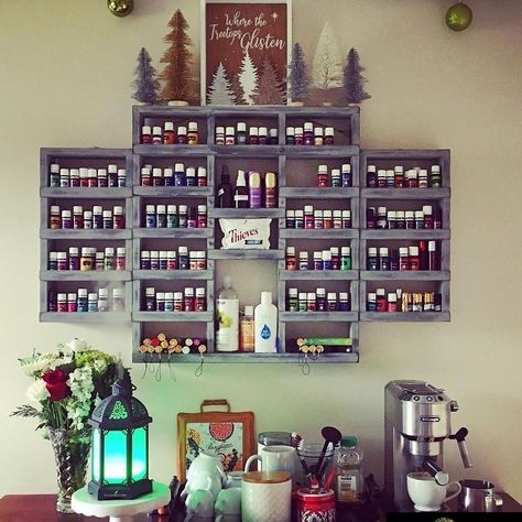 Essential Oil Display Ideas, Wellness Station, Ladder Shelf Diy, Oil Display, Oil Shelf, Essential Oil Shelf, Essential Oils Business, Essential Oil Holder, Nail Polish Rack