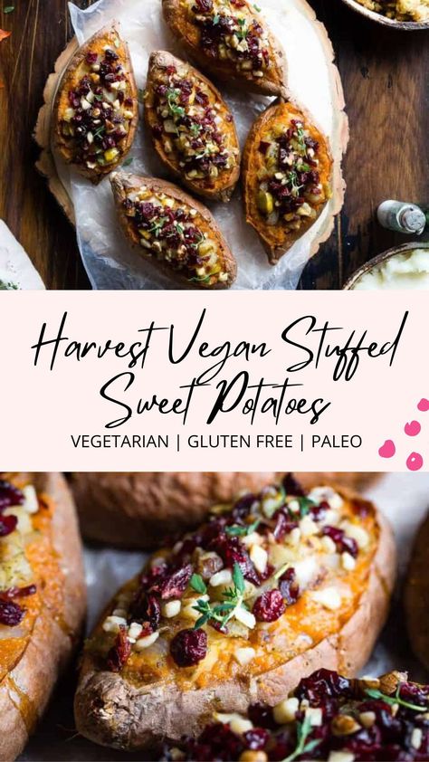 These Harvest Paleo Vegan Stuffed Sweet Potatoes are loaded with cozy, spicy-sweet fall flavors and are SO easy to make! Gluten, grain and dairy free and whole30 compliant too! It's great for a healthy dinner. Whole 30 Stuffed Sweet Potato, Sweet Potato Vegetarian, Stuffed Sweet Potato, Stuffed Sweet Potatoes, Easy Whole 30 Recipes, Delicious Paleo Recipes, Paleo Meals, Paleo Recipes Dessert, Healthy Paleo Recipes