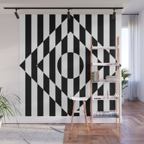 Simple Wall Painting Ideas Bedrooms, Triangle Wall Murals, Monochrome Wall Mural, Wall Mural Black And White, Black And White Geometric Wall, Rhombus Shape Wall Art, Triangle Mural, Simple Wall Painting Ideas, Trippy Wall Mural