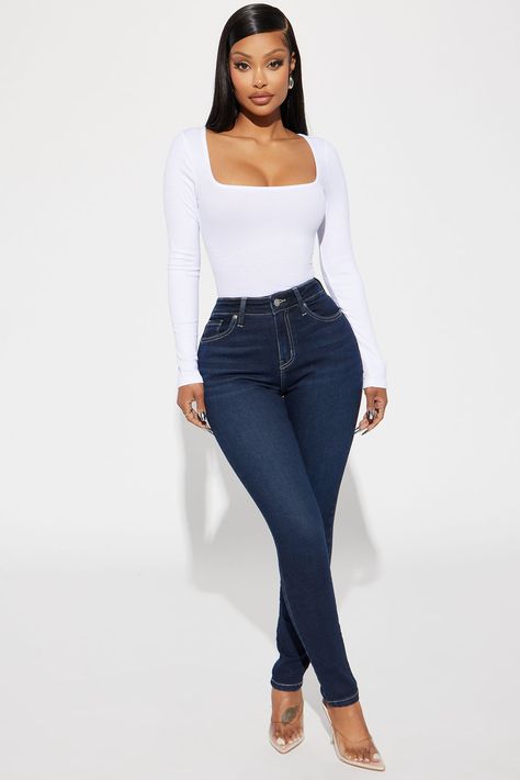 Nice Jeans Outfit, Fashion Nova Outfits Ideas, Jodie Joe, Nice Jeans, Square Neck Long Sleeve, Fashion Nova Outfits, Kim Kardashian Style, Kardashian Style, Ribbed Top