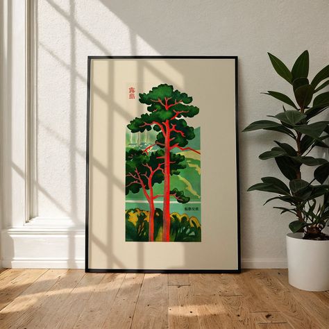 Elevate your space with this Japanese vintage art print, showcasing a serene tree and village in lush greens and vibrant reds. Blending traditional aesthetics with modern Japandi style, it's a perfect fit for gallery walls, living areas, or as a unique gift for art lovers. Do you like our prints? Feel free to visit our online store for even more art and special offers!: www.umamiprints.com ⚫ What will I get? A high-quality printed physical poster. ⚫ What are the sizes? We mostly print on ISO (In Wall Art Posters Aesthetic, Art Wall Minimalist, Scandinavian Wall Art Living Rooms, Living Room With Wall Art, Japanese Inspired Wall Art, Japanese Houses Aesthetic, Asian Style Decor, Japanese Inspired Apartment, Japanese Minimalism Art