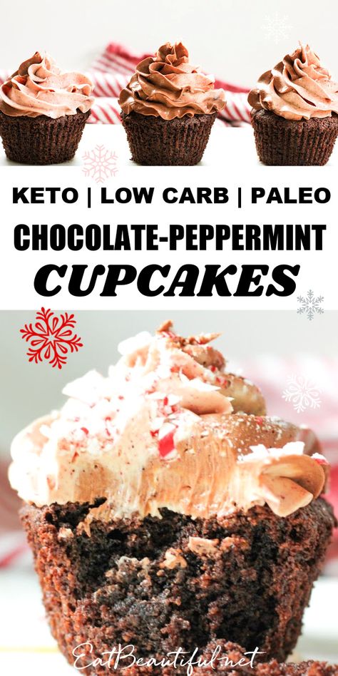 Low Calorie Christmas Desserts, Paleo Christmas Desserts, Keto Christmas Desserts, Low Calorie Christmas, Keto Chocolate Cupcakes, Chocolate Mint Cupcakes, Keto Christmas Recipes, Peppermint Frosting, Chocolate Peppermint Cupcakes