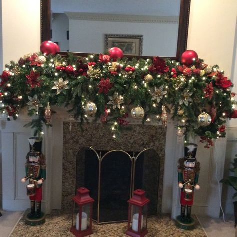 Mantle using three garlands prelim Fireplace Mantle Christmas Decor, Mantle Decorating Ideas Christmas, Christmas Mantle Decor Fireplaces, Decorate Your Fireplace, Xmas Garland, Enchanted Christmas, Holiday Fireplace, Mantel Decor Ideas, Christmas Mantel Decor