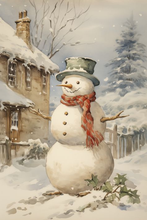 Embrace the joyous spirit of winter with this charming digital download print. Standing tall amidst a gentle snowfall, a jubilant snowman, adorned with a classic top hat and vibrant red scarf, offers a warm smile to all passersby. The snowman's coal-buttoned front and spirited carrot nose, combined with the artist's watercolor technique, bring a sense of nostalgia and whimsy to the scene. As snowflakes dance around him and settle on the ground. Printable Snowman, Snowman Clipart, Funny Snowman, Winter Clipart, Holiday Snowmen, Snowman Painting, Craft Stash, Noel Christmas, Christmas Paintings