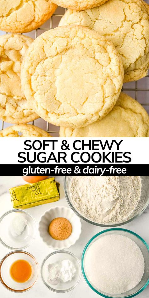 Gluten-free and dairy-free sugar cookies are so easy to make homemade in your kitchen! The best chewy sugar cookie your entire family will love! Make these in under one hour! Dairy And Gluten Free Sugar Cookies, Allergy Free Cookie Recipes, Gf Sugar Cookies Recipe, Sugar Cookies Dairy Free, Gf Dairy Free Cookies, Gluten Free Dairy Free Sugar Cookie Recipe, Gluten Free Chewy Sugar Cookies, Soft Gluten Free Sugar Cookies, Gluten Free Dairy Free Christmas Cookie Recipes