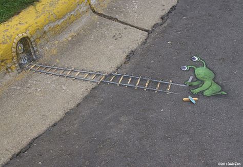 Chalk-drawn Adventures of Sluggo by David Zinn Street Chalk Art, David Zinn, Pavement Art, 3d Chalk Art, Street Art Utopia, Sidewalk Chalk Art, Sidewalk Art, 3d Street Art, Amazing Street Art