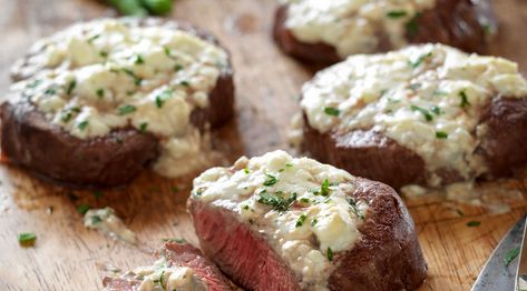 Beef Tenderloin Steaks with Blue Cheese Topping | Beef Loving Texans Beef Tenderloin Steaks, Beef Top Round Steak, Steak With Blue Cheese, Beef Meatloaf, Cheese Dinner, Tenderloin Steak, Diner Recept, Cheese Topping, Beef Tenderloin