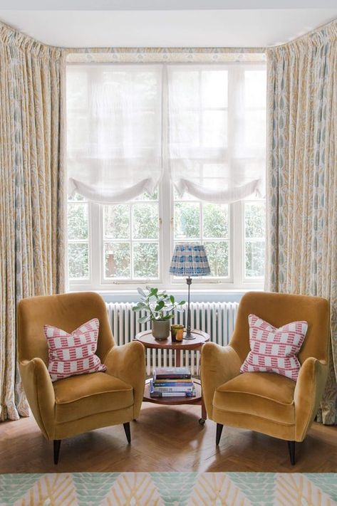 Arts & Crafts Garden Flat, W4 — Brooke Copp-Barton Interiors Bay Window Armchair, Bay Window Sofa Ideas, Bay Window With Radiator Ideas, Tall Bay Window, Small Bay Window Ideas Living Room, Bay Window Living Room Layout, Bay Window Curtains Living Room, Apartment Furnishing, Bay Window Ideas