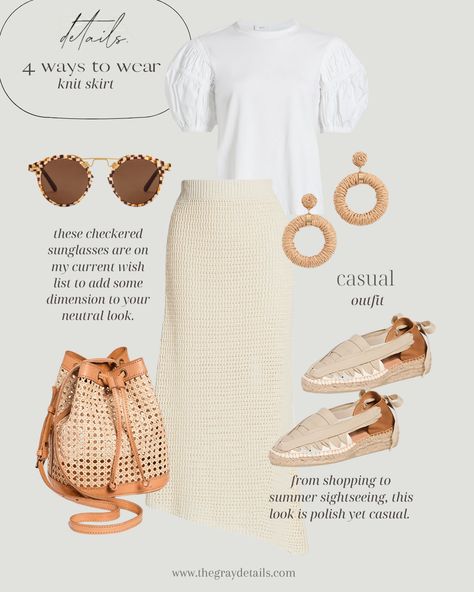 Knit Skirt Outfit Summer, Cream Skirt Outfit, Knit Set Outfit, White Blouse Outfit, Crochet Skirt Outfit, Knit Skirt Outfit, Knit Skirt Set, Outfit Knit, Midi Skirt White