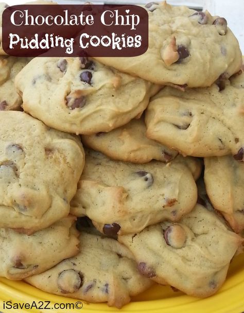 Chocolate Chip Pudding Cookies Recipe! AMAZING!! And so easy! I swear I will never make Chocolate Chip cookies any other way after trying this recipe! | iSaveA2Z.com Chocolate Chip Cookie Recipe With Pudding, Pudding Cookies Recipes, Chocolate Chip Pudding, Chocolate Chip Pudding Cookies, Pudding Cookies, Dessert Aux Fruits, Yummy Desserts, Yummy Sweets, How Sweet Eats